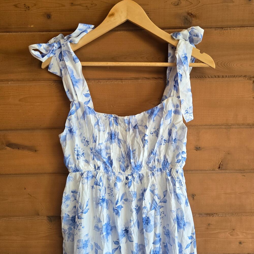 August Sky Shoulder Tie Floral Midi Dress NWT M Blue Multi Cottagecore Preppy - Picture 4 of 5